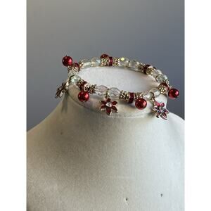 KC KENNETH COLE Christmas Poinsettia Charm Bracelet Enamel & Crystals Stretch